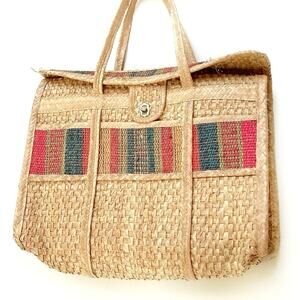 Vintage Oversized Embroidered Straw Tote Bag Beach Vacation Boho Market Satchel